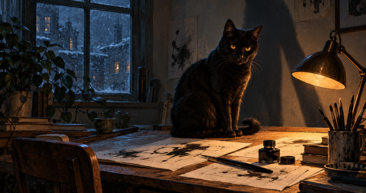 Un gatto nero su un tavolo da disegno illuminato da una lampada, davanti a una finestra invernale notturna.