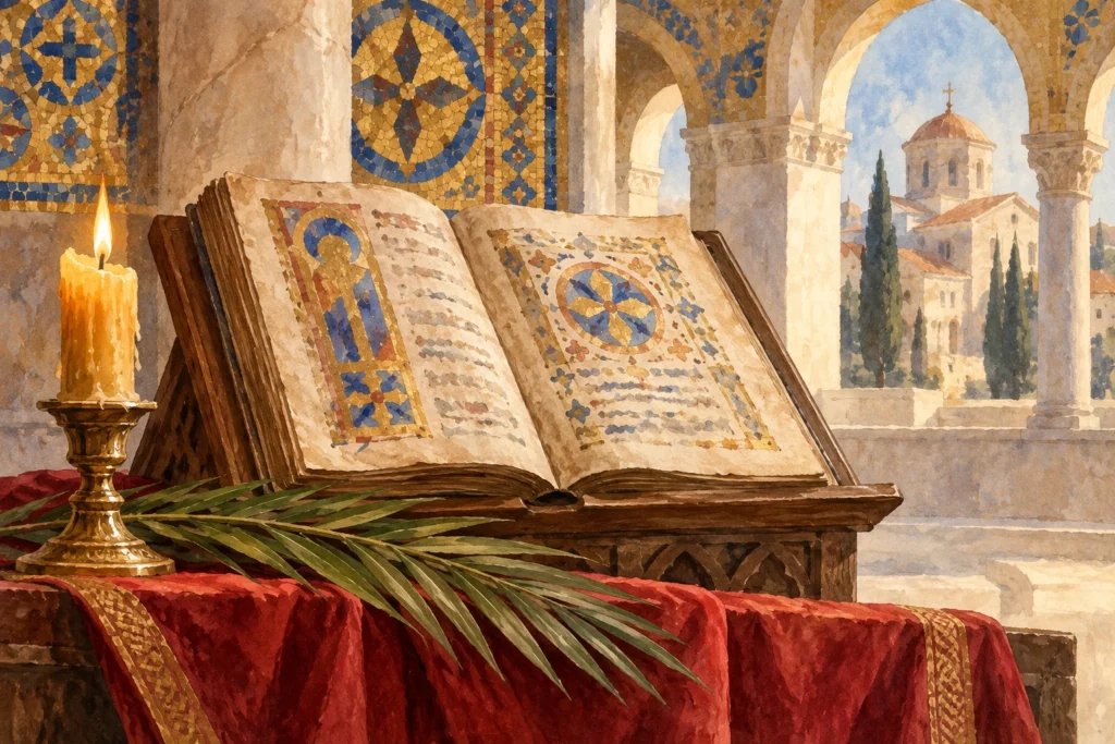 Codice miniato aperto su un leggio, ramo di palma e candela davanti a mosaici e architetture ispirati alla tradizione bizantina.