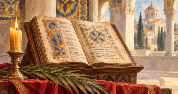 Codice miniato aperto su un leggio, ramo di palma e candela davanti a mosaici e architetture ispirati alla tradizione bizantina.