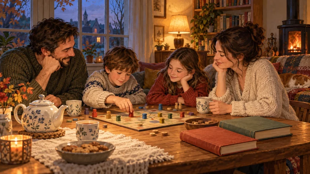 Una famiglia gioca attorno a un tavolo di legno con una teiera, tazze di tè e due libri, in una casa illuminata da luce calda.