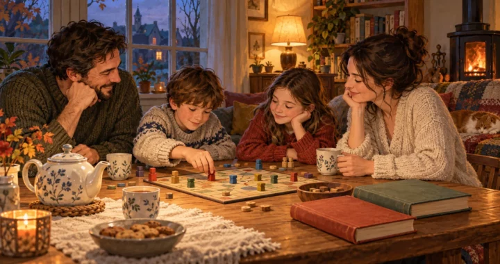 Una famiglia gioca attorno a un tavolo di legno con una teiera, tazze di tè e due libri, in una casa illuminata da luce calda.