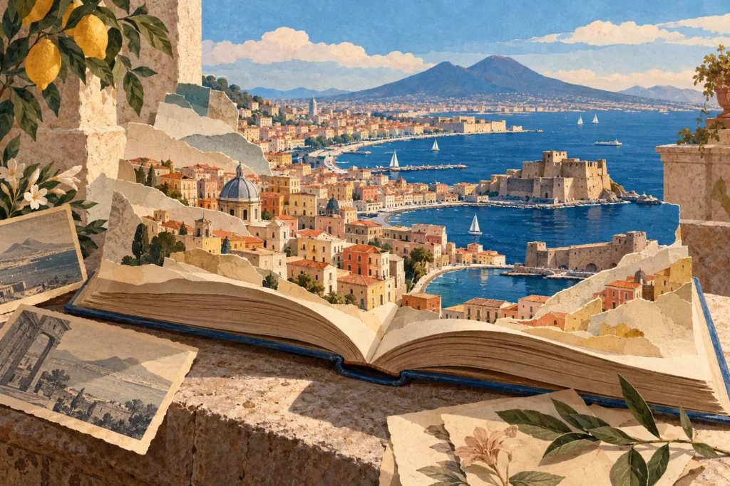 Un atlante immaginario aperto si trasforma in un paesaggio di Napoli, fra il golfo, Castel dell’Ovo e il Vesuvio
