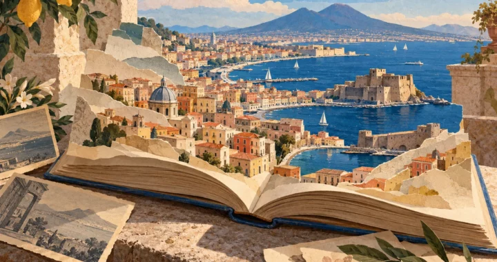 Un atlante immaginario aperto si trasforma in un paesaggio di Napoli, fra il golfo, Castel dell’Ovo e il Vesuvio