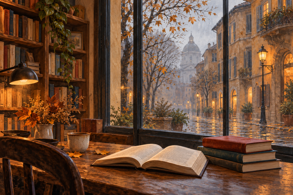 Un libro aperto su un tavolo di legno, accanto a una finestra affacciata su una strada autunnale bagnata.