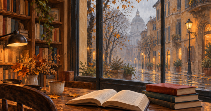 Un libro aperto su un tavolo di legno, accanto a una finestra affacciata su una strada autunnale bagnata.