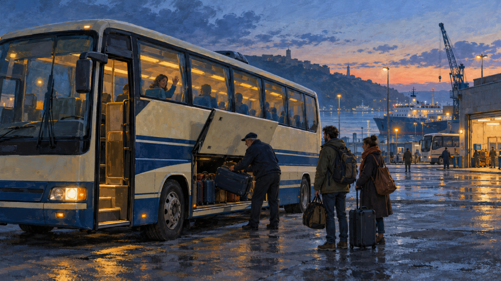Una corriera crema e blu ferma vicino al porto all’alba: il conducente sistema i bagagli mentre due viaggiatori attendono e una passeggera saluta dal finestrino.