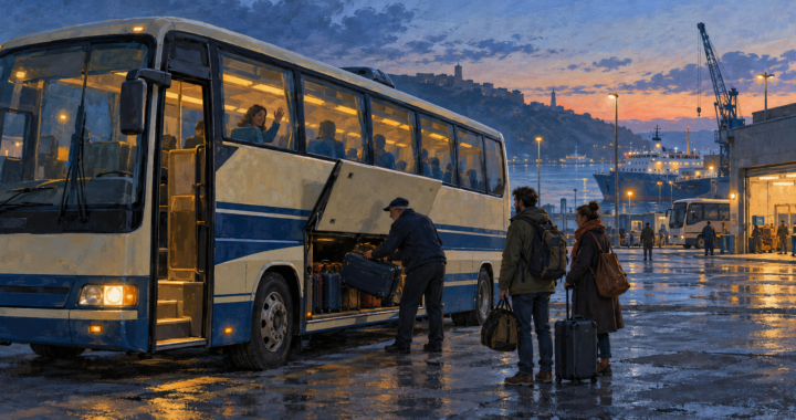 Una corriera crema e blu ferma vicino al porto all’alba: il conducente sistema i bagagli mentre due viaggiatori attendono e una passeggera saluta dal finestrino.