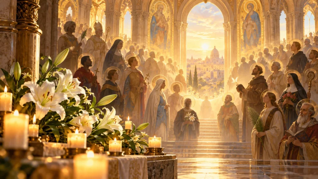 Una scena luminosa e simbolica dedicata a Tutti i Santi, tra candele, gigli e figure aureolate in una cattedrale dorata.