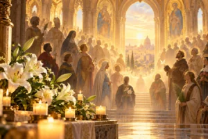 Una scena luminosa e simbolica dedicata a Tutti i Santi, tra candele, gigli e figure aureolate in una cattedrale dorata.