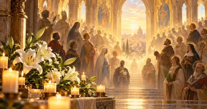 Una scena luminosa e simbolica dedicata a Tutti i Santi, tra candele, gigli e figure aureolate in una cattedrale dorata.