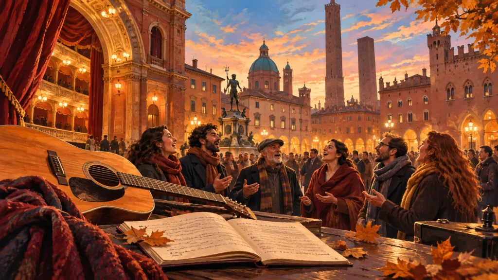 Chitarra e quaderno davanti a un teatro e a una piazza immaginaria ispirata a Bologna, dove un gruppo canta insieme.