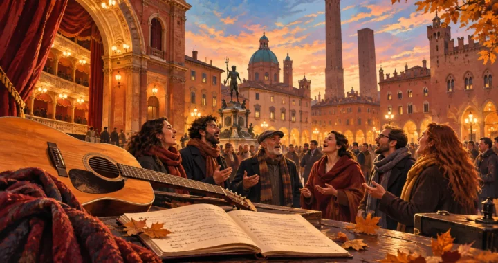 Chitarra e quaderno davanti a un teatro e a una piazza immaginaria ispirata a Bologna, dove un gruppo canta insieme.