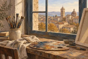 Pennelli, tavolozza e tela in un atelier immaginario affacciato su un paesaggio urbano sardo