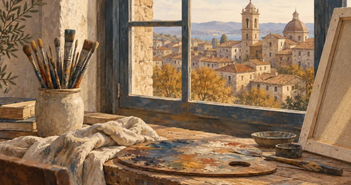 Pennelli, tavolozza e tela in un atelier immaginario affacciato su un paesaggio urbano sardo