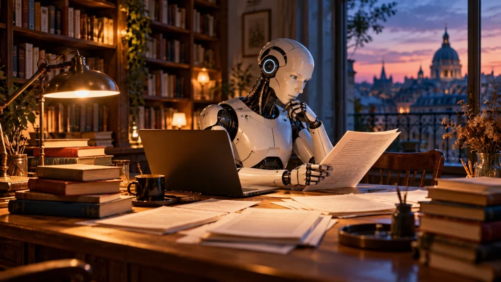 Robot umanoide legge un manoscritto in una biblioteca, immagine simbolica del Prix Pascal e della scrittura con IA