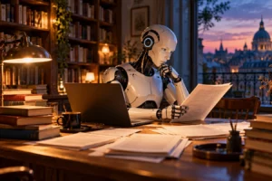 Robot umanoide legge un manoscritto in una biblioteca, immagine simbolica del Prix Pascal e della scrittura con IA