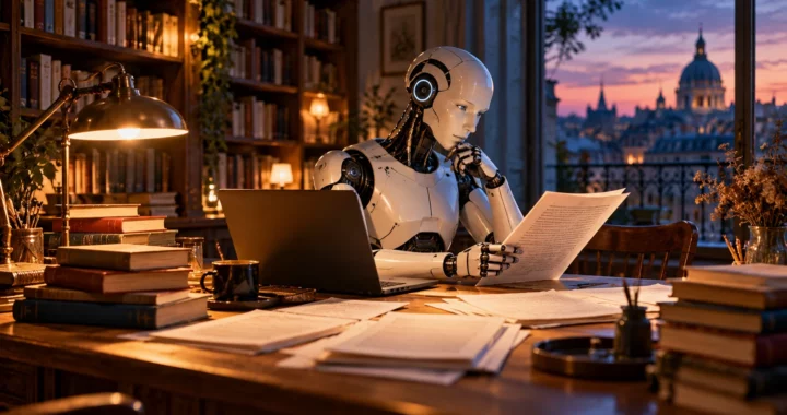 Robot umanoide legge un manoscritto in una biblioteca, immagine simbolica del Prix Pascal e della scrittura con IA
