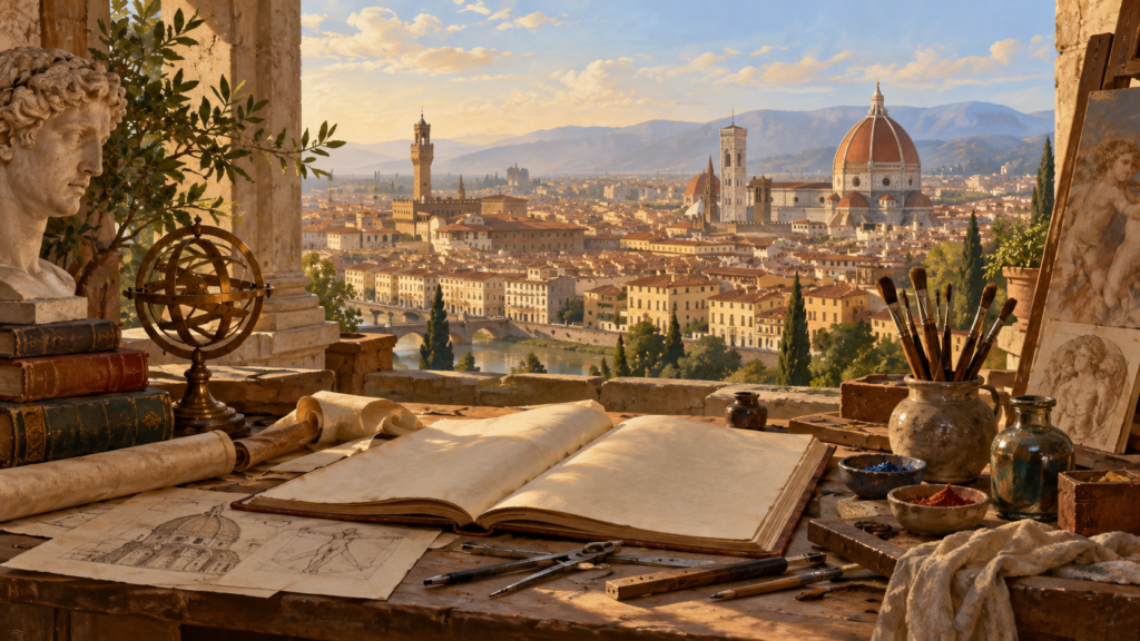 Banco di una bottega rinascimentale con libro aperto, strumenti da disegno e pennelli, davanti a una città italiana con una grande cupola.