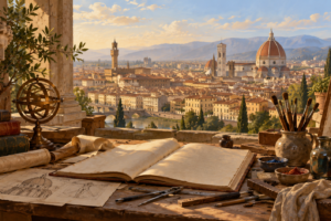 Banco di una bottega rinascimentale con libro aperto, strumenti da disegno e pennelli, davanti a una città italiana con una grande cupola.