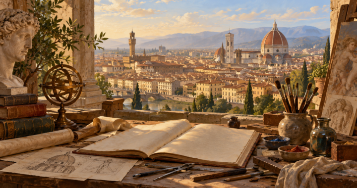 Banco di una bottega rinascimentale con libro aperto, strumenti da disegno e pennelli, davanti a una città italiana con una grande cupola.