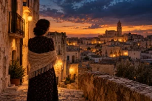 Donna affacciata su un borgo del Sud Italia al tramonto, illustrazione editoriale ispirata a Santa Barbara