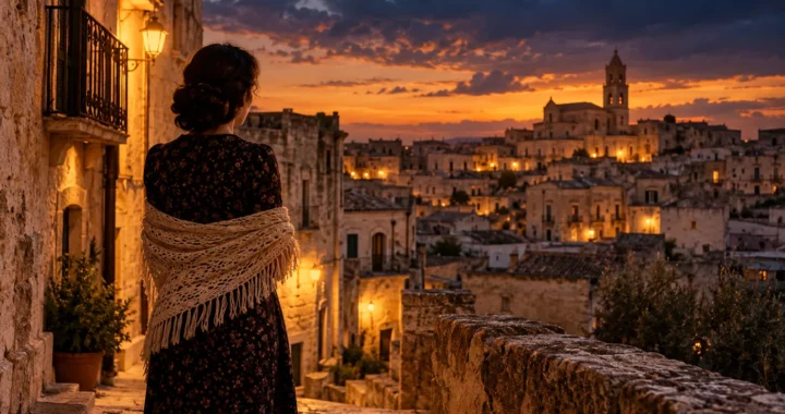 Donna affacciata su un borgo del Sud Italia al tramonto, illustrazione editoriale ispirata a Santa Barbara