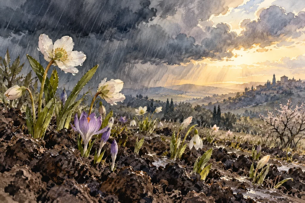 Fiori primaverili emergono dalla terra sotto nuvole di pioggia e raggi di sole.