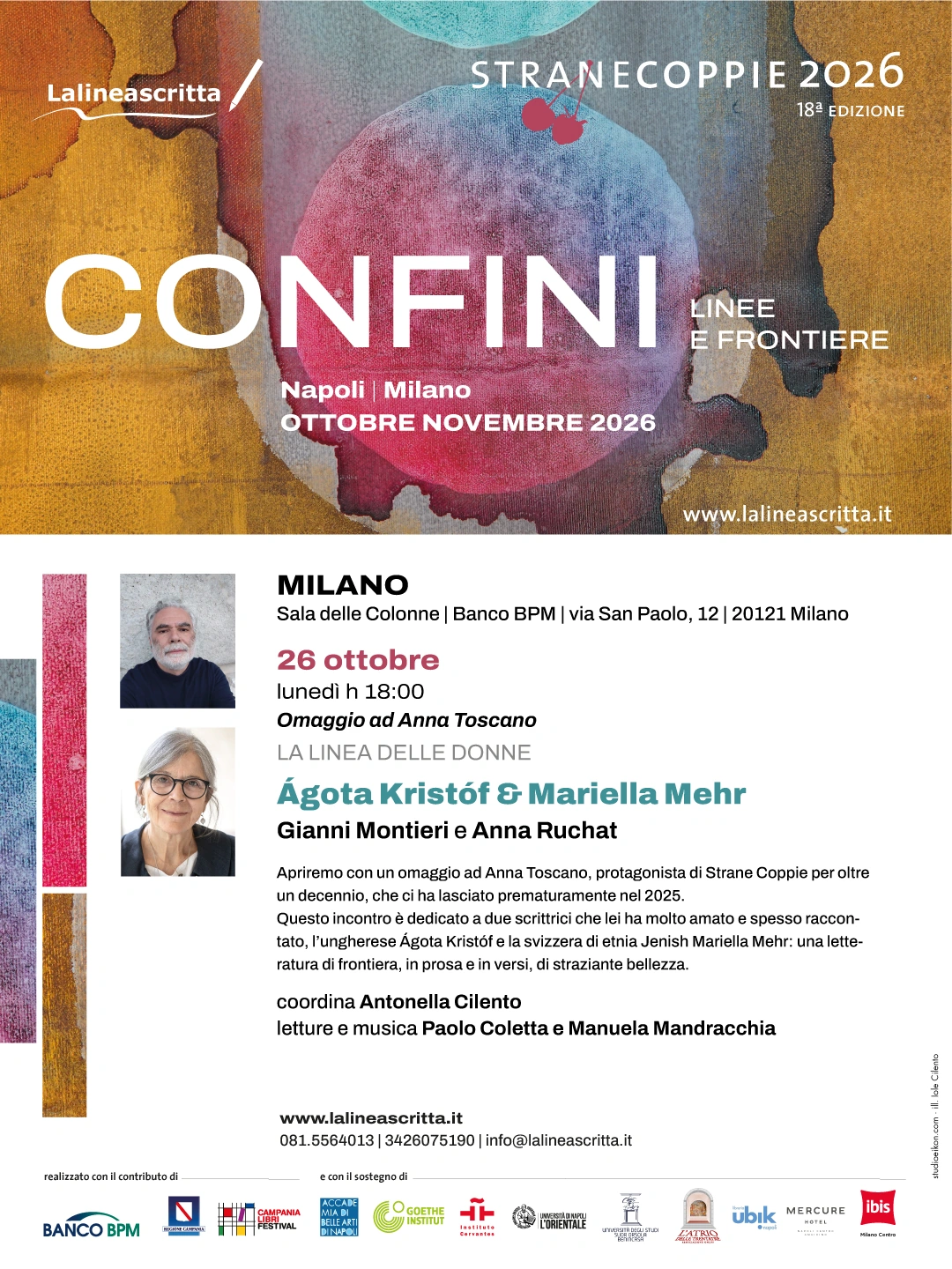 Invito a Strane Coppie 2026 a Milano: omaggio ad Anna Toscano il 26 ottobre alle 18, Sala delle Colonne di Banco BPM.