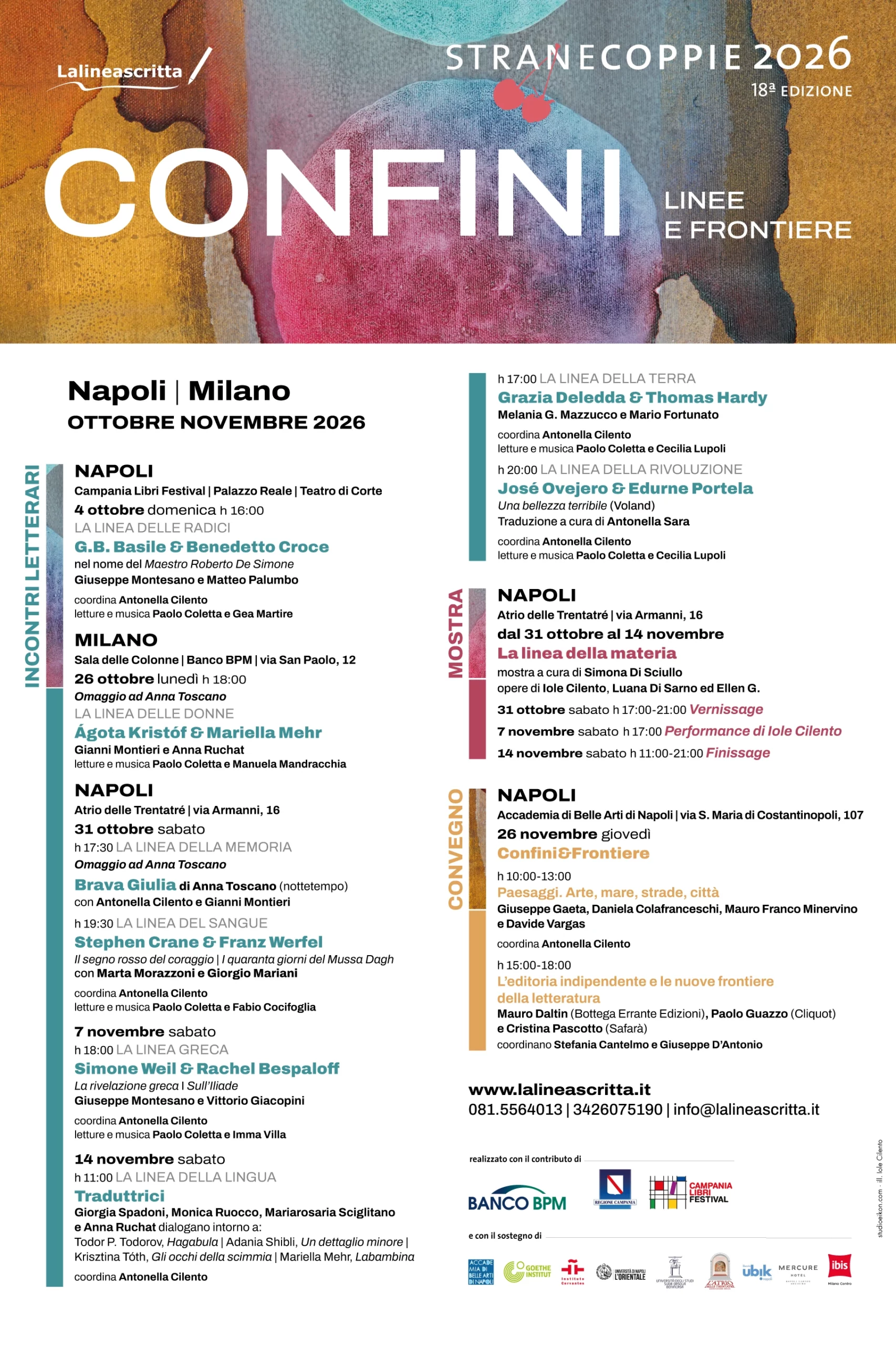Locandina di Strane Coppie 2026: programma degli incontri a Milano e Napoli, mostra La linea della materia e convegno Confini e Frontiere.