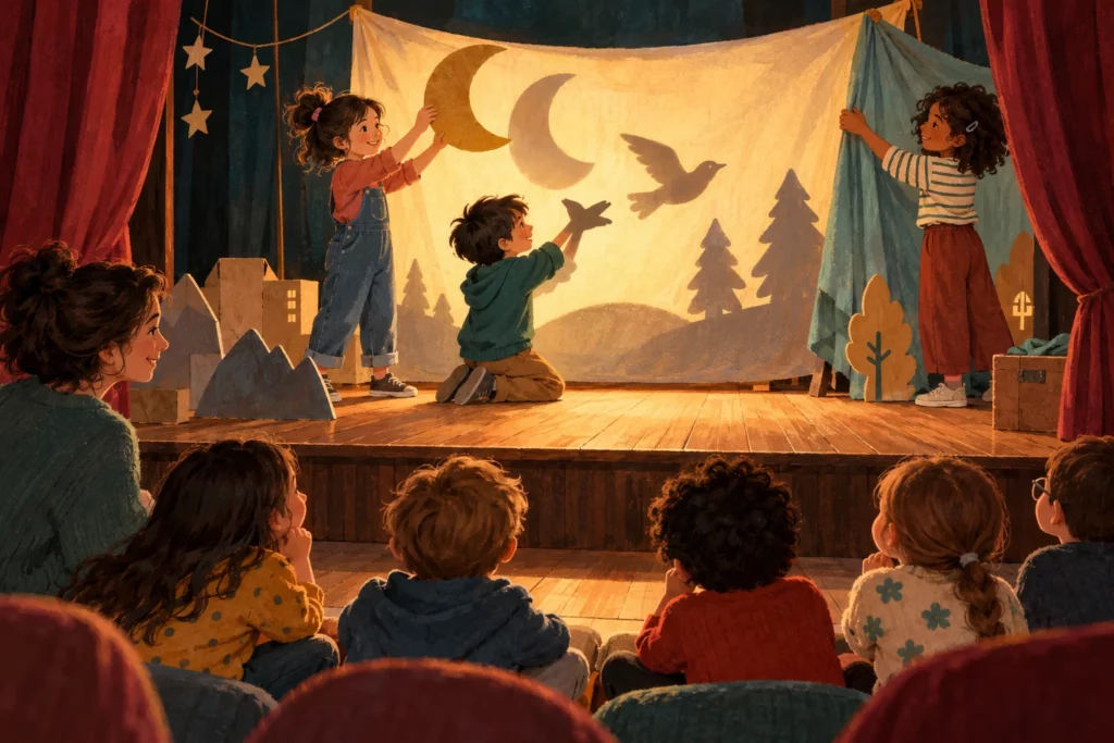 Bambini mettono in scena un teatro delle ombre con una luna di cartone davanti a un piccolo pubblico
