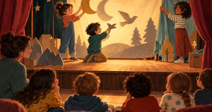 Bambini mettono in scena un teatro delle ombre con una luna di cartone davanti a un piccolo pubblico