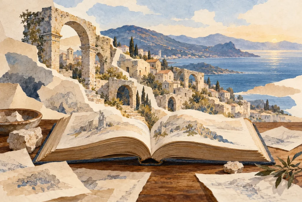 Illustrazione di un libro aperto da cui emergono archi di pietra e un borgo immaginario affacciato sul mare.