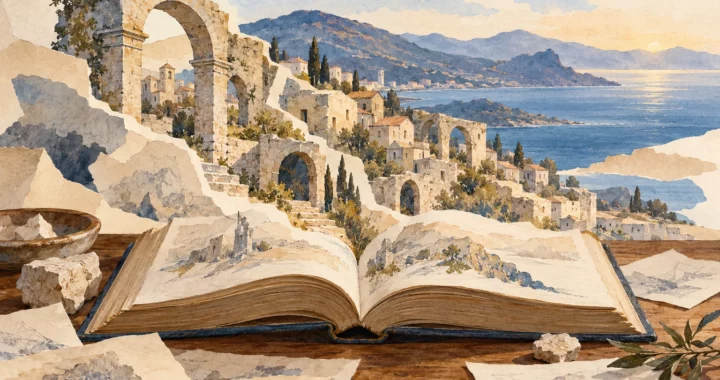 Illustrazione di un libro aperto da cui emergono archi di pietra e un borgo immaginario affacciato sul mare.