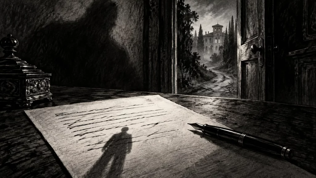 Un contratto e una penna davanti a una villa immaginaria fra alberi e ombre, in un’illustrazione in bianco e nero.