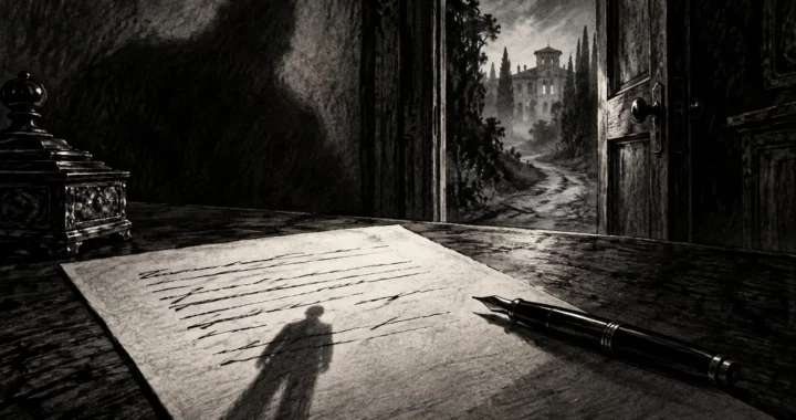 Un contratto e una penna davanti a una villa immaginaria fra alberi e ombre, in un’illustrazione in bianco e nero.