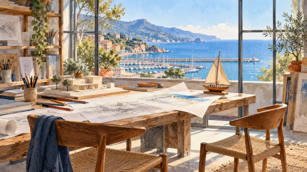 Un tavolo da disegno con matite, un modello architettonico e una barca a vela in miniatura, fra due sedie davanti a una finestra affacciata sul porto.