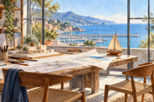 Un tavolo da disegno con matite, un modello architettonico e una barca a vela in miniatura, fra due sedie davanti a una finestra affacciata sul porto.