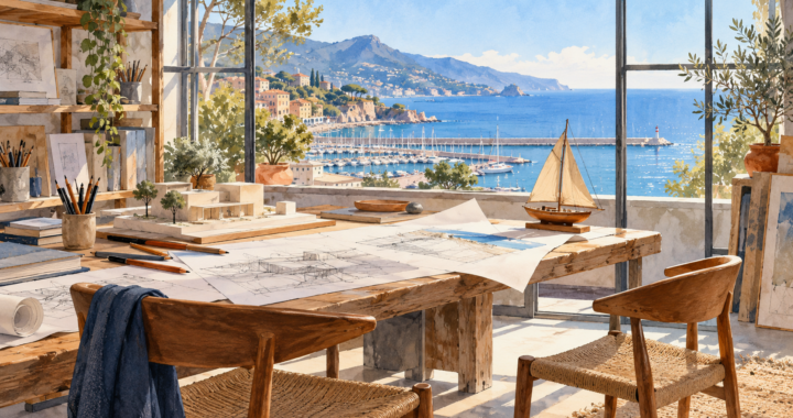 Un tavolo da disegno con matite, un modello architettonico e una barca a vela in miniatura, fra due sedie davanti a una finestra affacciata sul porto.