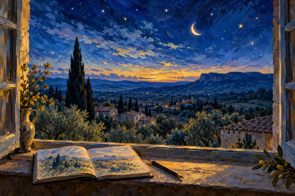 Finestra aperta su un paesaggio provenzale con cipressi, cielo stellato e un taccuino sul davanzale