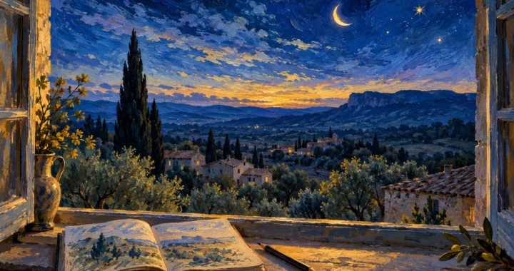 Finestra aperta su un paesaggio provenzale con cipressi, cielo stellato e un taccuino sul davanzale