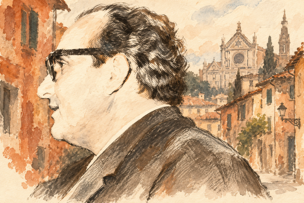 Ritratto illustrato di Vasco Pratolini di profilo, con occhiali scuri, sullo sfondo di case e della basilica di Santa Croce a Firenze.