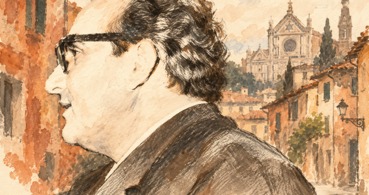 Ritratto illustrato di Vasco Pratolini di profilo, con occhiali scuri, sullo sfondo di case e della basilica di Santa Croce a Firenze.